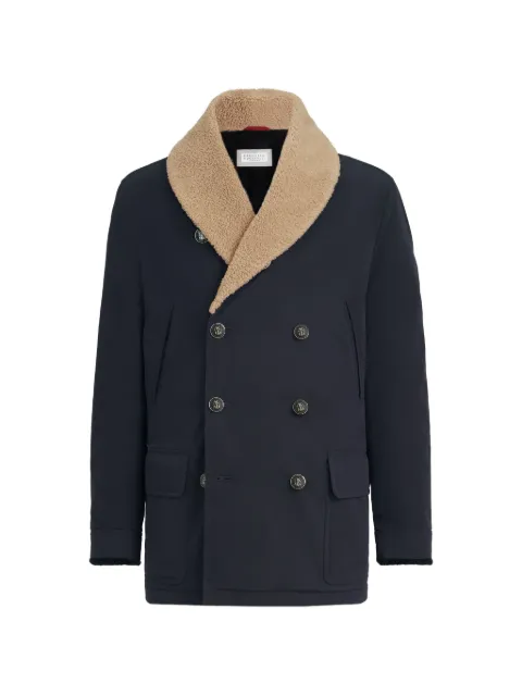 Brunello Cucinelli bonded nylon double-breasted coat with shearling lining Blue MM4796025CDJ77