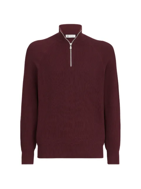 Brunello Cucinelli cotton English Rib sweater with half-zip and raglan sleeves Red M29400104CNU36