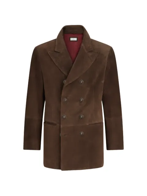 Brunello Cucinelli suede blazer-style outerwear jacket with peak lapels Brown MPCSD2100C9871