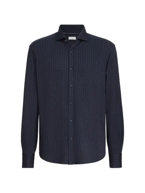 Brunello Cucinelli virgin wool, silk and cotton chalk stripe piqué shirt with spead collar Blue MM8556686C9458