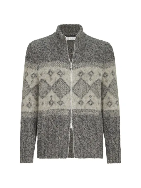 Brunello Cucinelli virgin wool, silk and cashmere chiné cable knit cardigan with intarsia Grey MNX302506CGF85