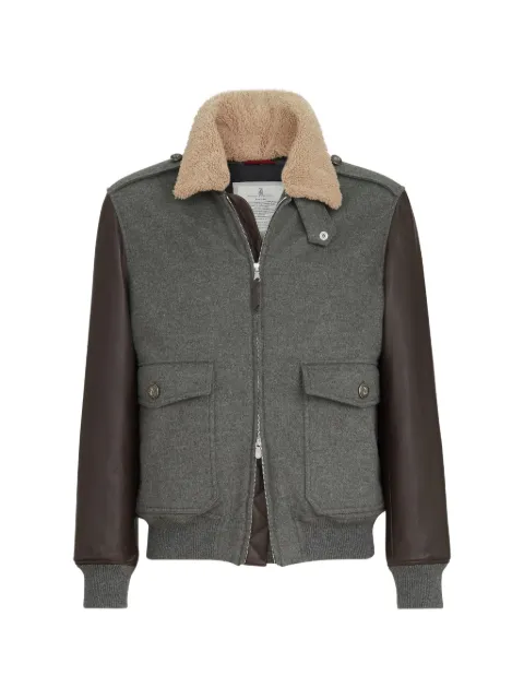 Brunello Cucinelli Bonded cashmere beaver cloth and nappa leather bomber jacket with Thermore® padding and detachable shearling collar Grey MM4006004C4601