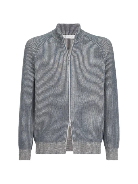 Brunello Cucinelli cashmere vanisé English rib high-neck cardigan with zipper Grey M22700506CYT41