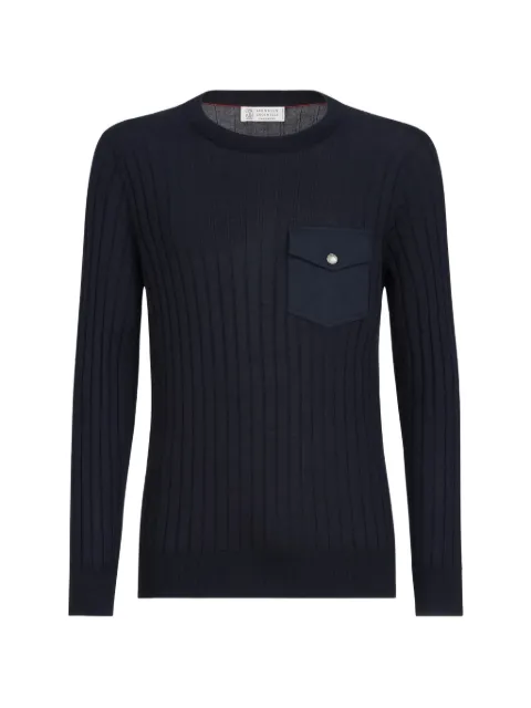 Brunello Cucinelli cashmere and silk ribbed sweater with chest pocket Blue M23806600C2425