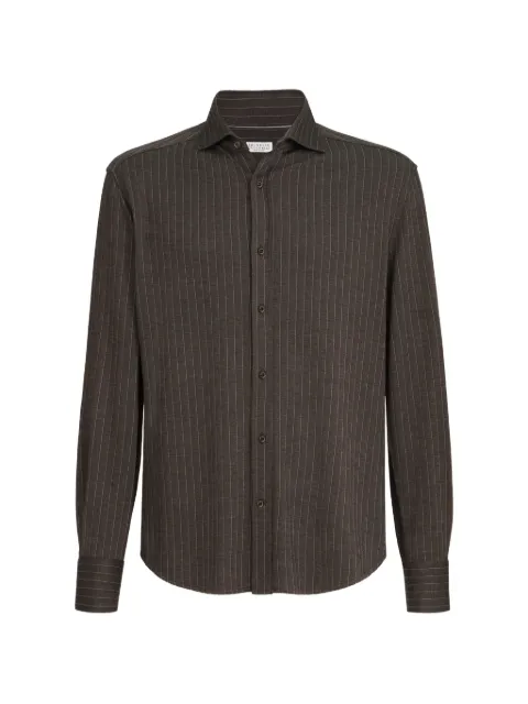 Brunello Cucinelli virgin wool, silk and cotton chalk stripe piqué shirt with spead collar Brown MM8556686C241