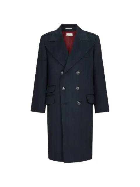 Brunello Cucinelli cashmere chevron flannel one-and-a half breasted coat with peak lapels and metal buttons Blue MV4609141KC009