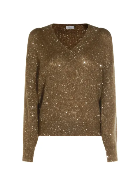 Brunello Cucinelli sequin-embellished V-neck sweater Brown MMS579702C9918