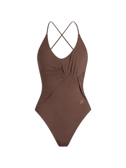 Blumarine ruched crossover-strap swimsuit Brown 2D031A