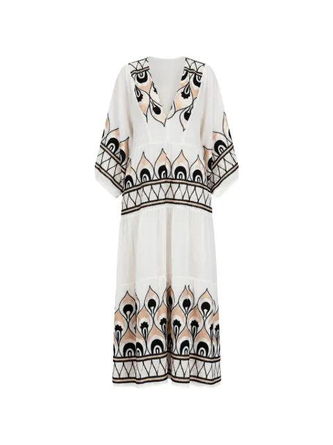 GREEK ARCHAIC KORI feather-embroidered tiered midi dress White S26K4033201