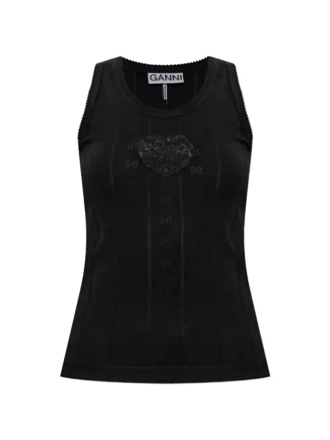 GANNI heart-patch pointelle-knit top Black A1040451