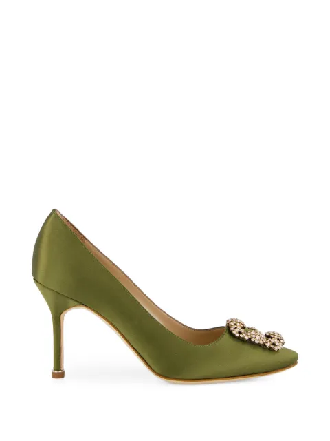 Manolo Blahnik Hangisi crystal-buckle satin pumps Green 9XX0668