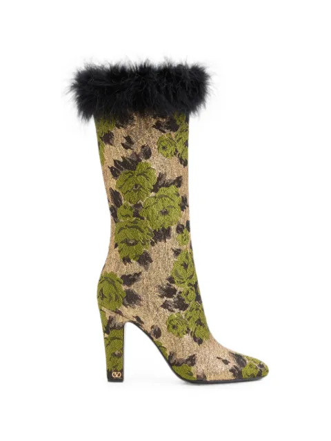 Valentino Garavani Hotty boots in lurex jacquard fabric and feathers 100mm Gold WS0NT3YMX