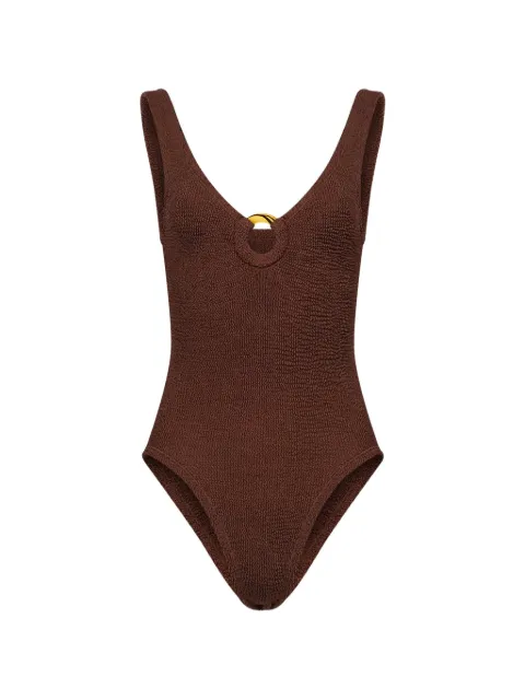 Hunza G Celine ring-detail crinkle swimsuit Brown SCELINESHMTLLCCHCLT