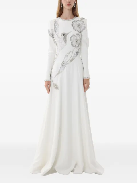 Dina Melwani crystal-embellished hummingbird evening maxi gown dress White DMSS26170207