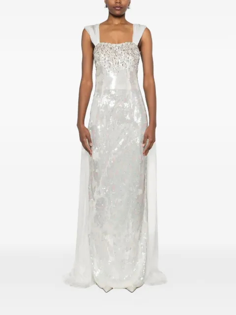 Dina Melwani crystal-embellished sequinned maxi gown dress White DMSS26170215