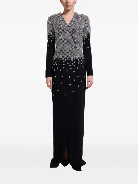 Dina Melwani crystal-embellished crepe maxi gown dress Black DMSS26170221