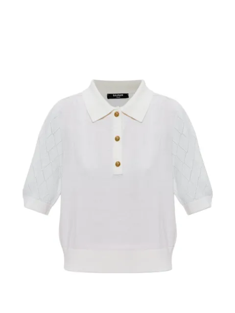 Balmain pointelle-knit polo shirt White HF1GB040KJ99