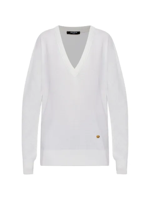 Balmain pointelle-knit V-neck sweater White HF1KB045KJ99