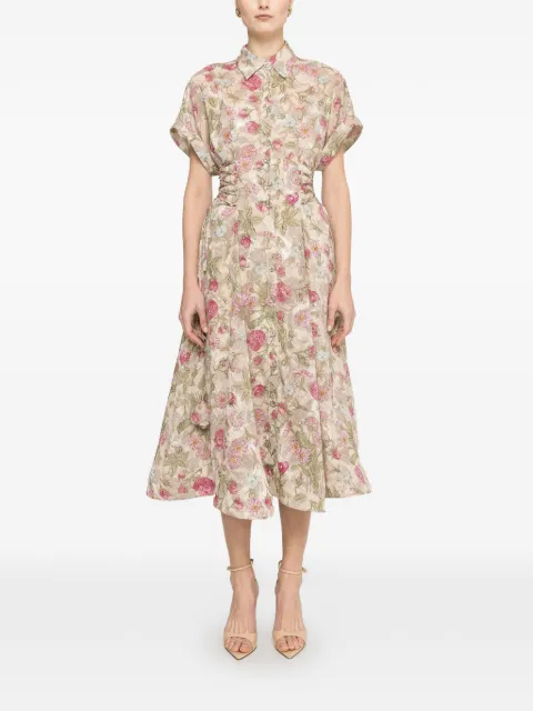 NISSA floral-print lace-up midi dress Neutrals RC16643PRINT
