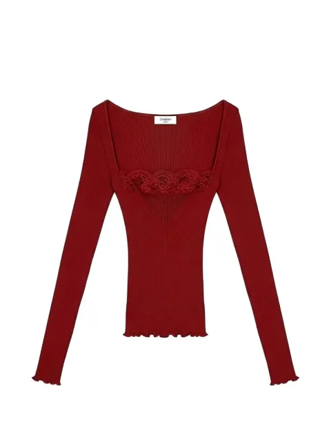 Saint Laurent lace-trim ribbed top Red 867252Y37SM6167