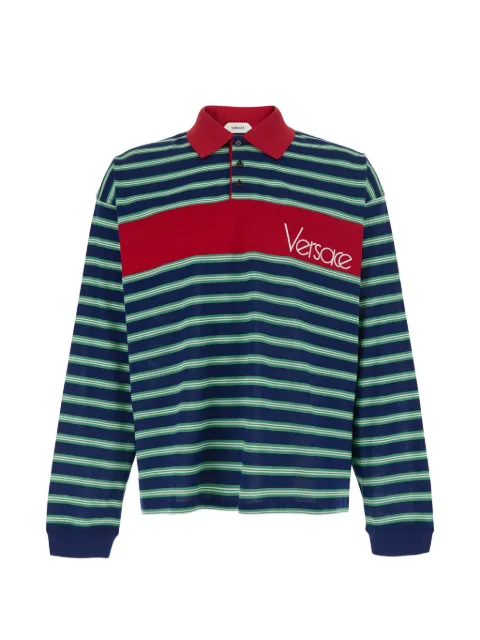 Versace logo-detail striped long-sleeve polo shirt Blue 10255121A18439