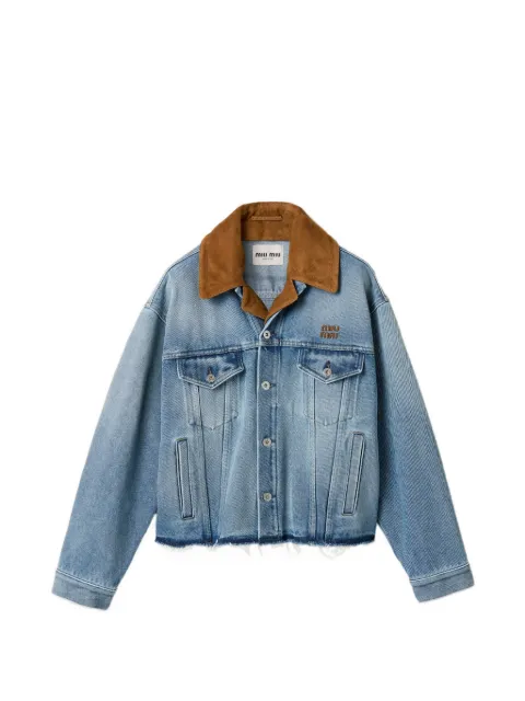 Miu Miu leather-collar raw-hem denim jacket Blue GWB313SOOO196Y