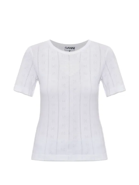 GANNI pointelle-knit logo-patch T-shirt White A1050090