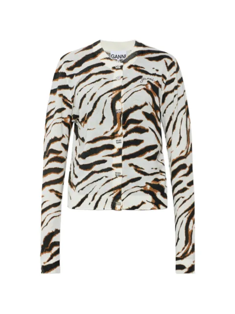 GANNI tiger-print logo-embroidered cardigan Neutrals A1160011