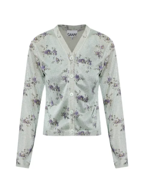 GANNI floral-print metallic-effect cardigan Green A1070279