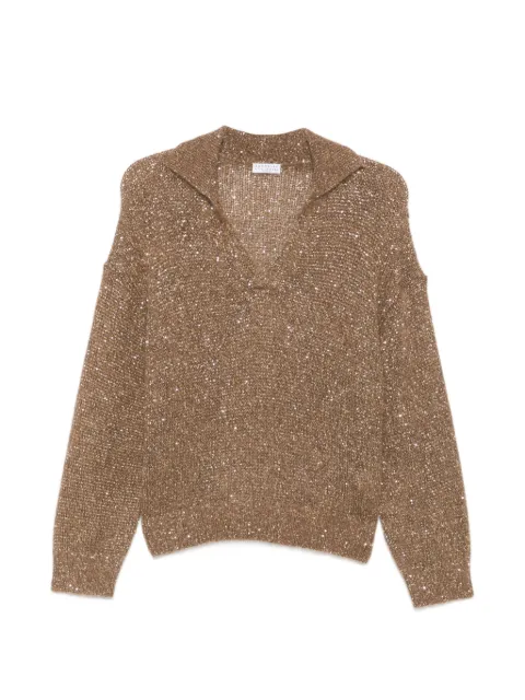 Brunello Cucinelli sequin-embellished polo-collar sweater Brown MMS579705C9918