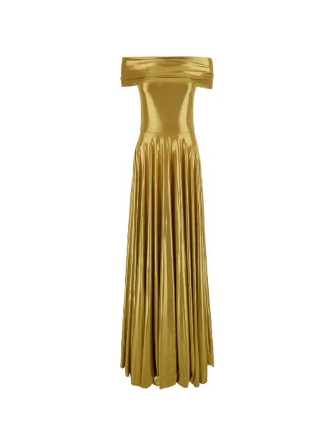 Norma Kamali off-shoulder maxi pleated dress Gold ST2263LMT54892