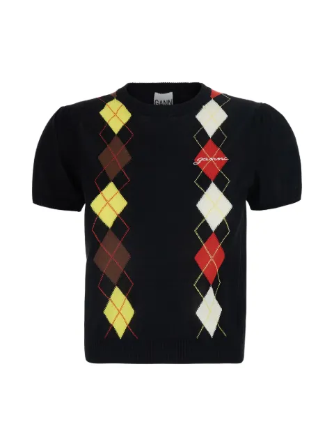 GANNI argyle-pattern logo-embroidered t-shirt Black A1040295