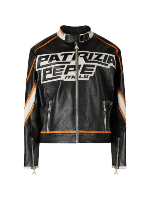 Patrizia Pepe Racing logo-print leather biker jacket Black 8O0161