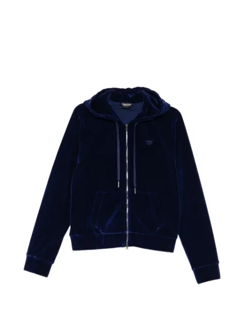 TOM FORD velour tonal TF embroidered zip hoodie Blue FLJ072JEX154
