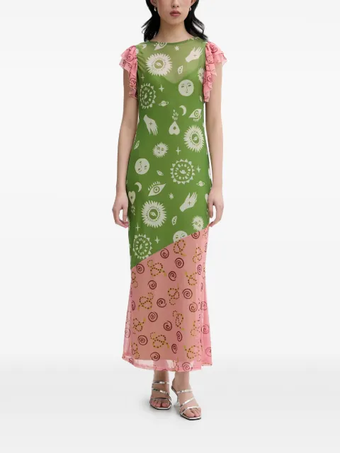 NEVER FULLY DRESSED graphic-print ruffled midi dress Green NFDDR3425