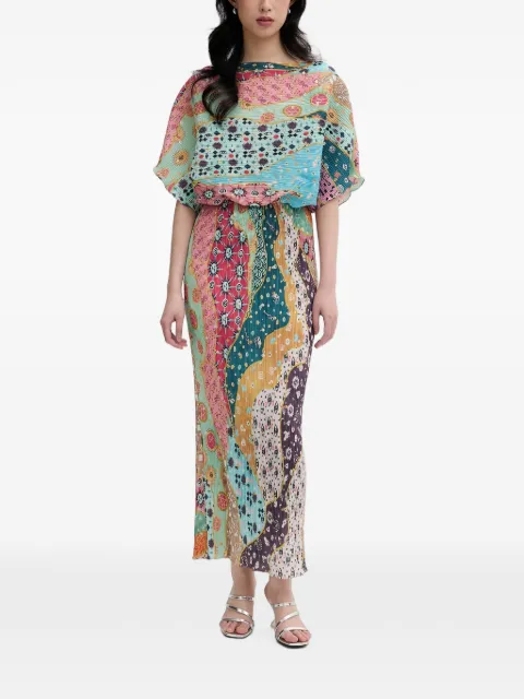 NEVER FULLY DRESSED plissé patchwork-print midi dress Blue NFDDR3304