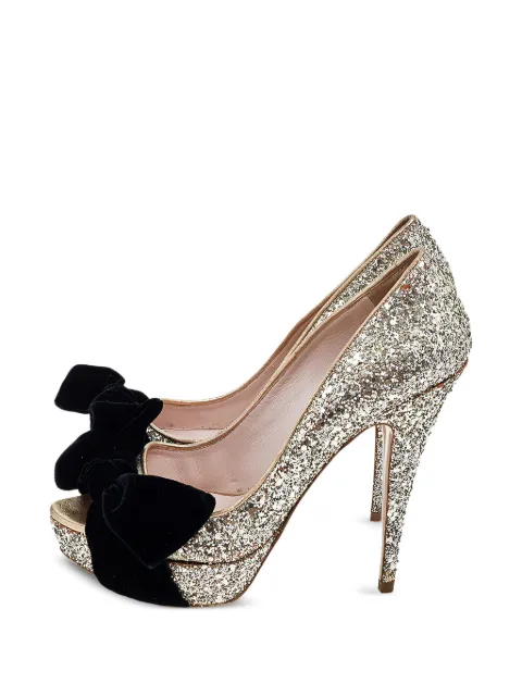 Miu Miu Pre-Owned 130mm bow-detail peep-toe heeled pumps Gold 541257