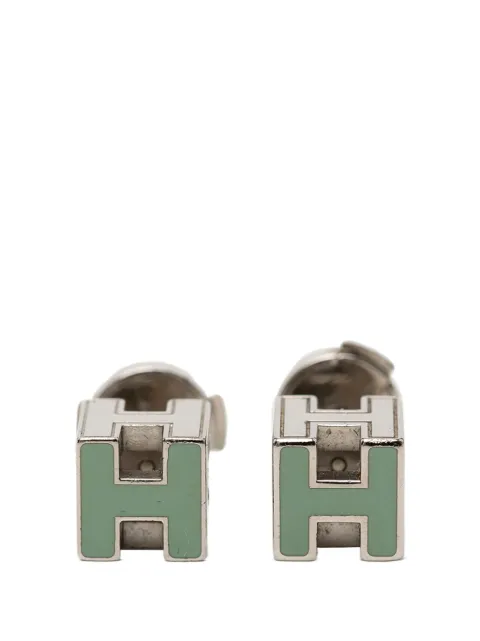 Hermès Pre-Owned 2000-2026 Palladium Plated Enamel Cage dH Cube Push Back Earrings costume earrings Green VPSZEGY2PFA5XOAJ