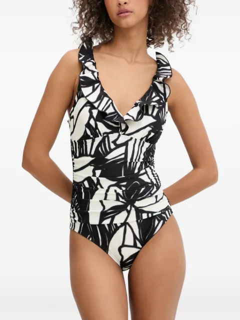 DKNY abstract-print ruffled swimsuit White DIE6M691