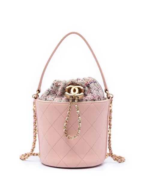 CHANEL Pre-Owned 2019 Small CC Calfskin and Tweed Drawstring Bucket Bag satchel Pink A983VFNIMQNQ1YOQ