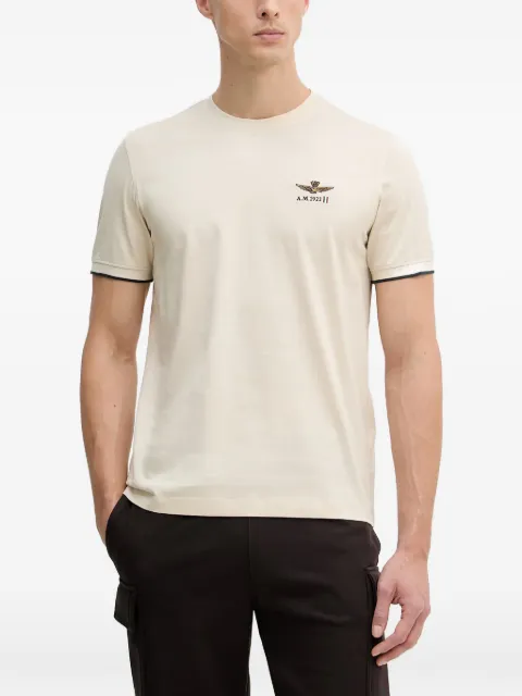 Aeronautica Militare logo-embroidered tipped-trim T-shirt Neutrals TS2508UJ00682