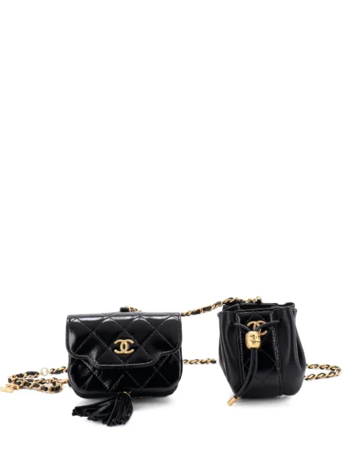 CHANEL Pre-Owned Double Pouch Chain Quilted Shiny Lambskin belt bag Black P5RUMW9AWF61HPMD