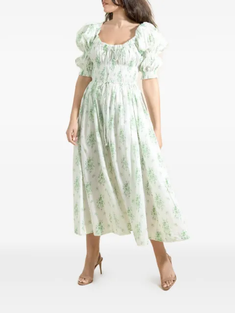 DÔEN Ischia floral-print smocked midi dress White 38792333