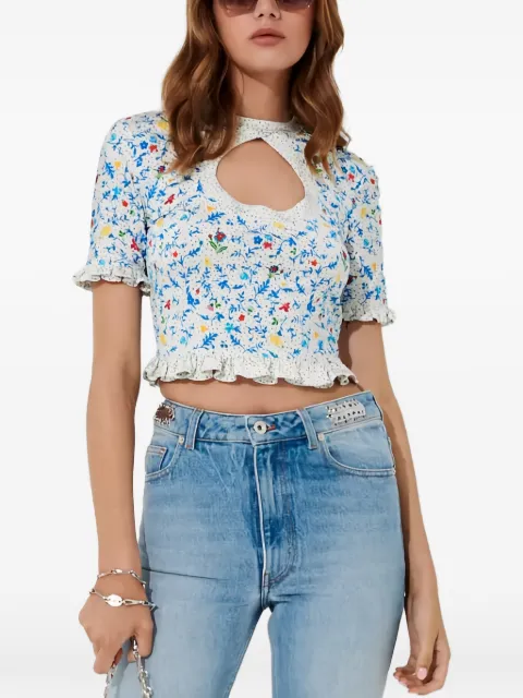 Rabanne floral-print ruffled cropped blouse White 23FJTO591VI0269