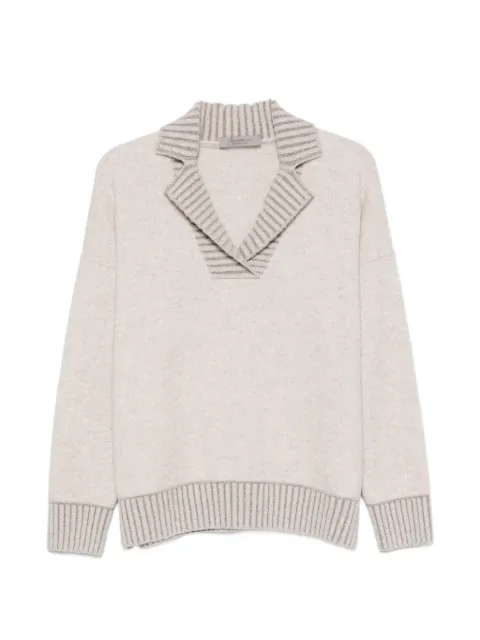 D.Exterior striped-trim spread-collar sweater Neutrals 63221