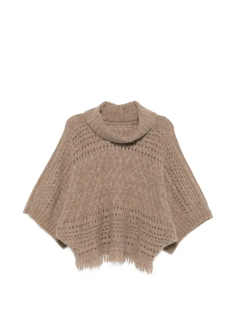 D.Exterior fringe-trim open-knit sweater Brown 6314210CAS