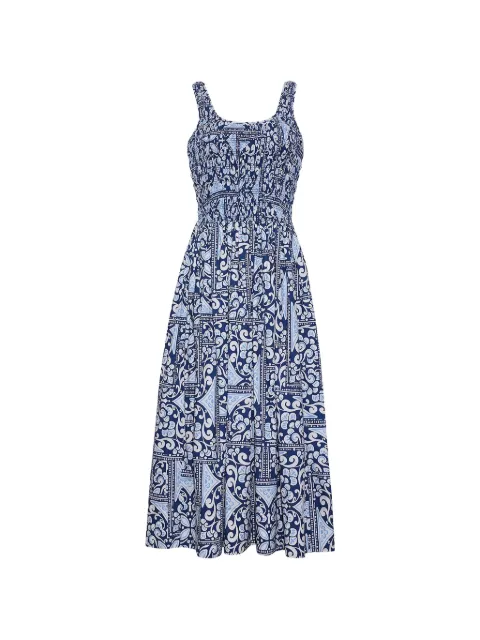 Cara Cara Bergamo tile-print smocked-waist midi dress Blue 1582HTNA