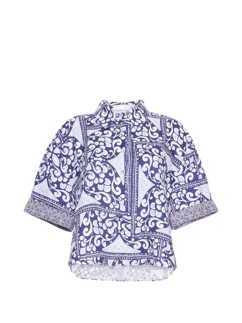 Cara Cara tile-print linen top Blue 3125LHTNA