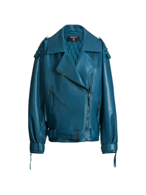 Balmain lambskin leather biker jacket Blue HF1TD225LE35
