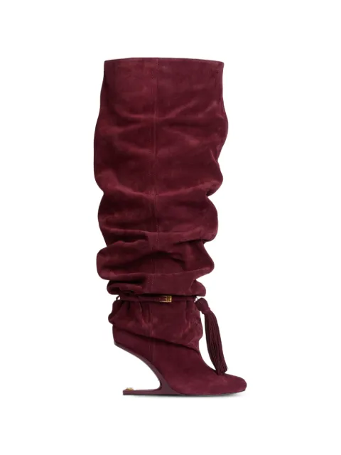 Balmain no wedge suede leather thigh-high boots with tassel Red HN1TB288LCTA